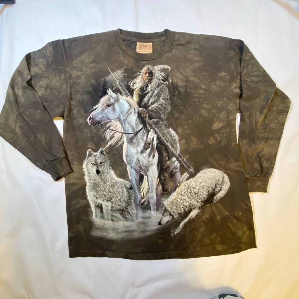 Vintage The Mountain Native American Wolf Horse Long Sleeve Graphic Tee XL USA